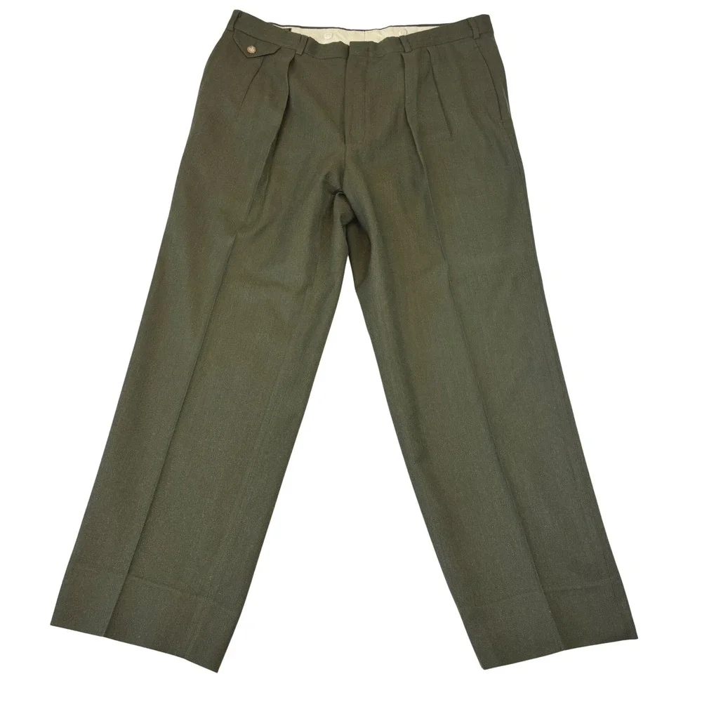 Brooks Brothers Dress Pants Mens 38x29 Olive Green Pure Wool Pleated Made in USA